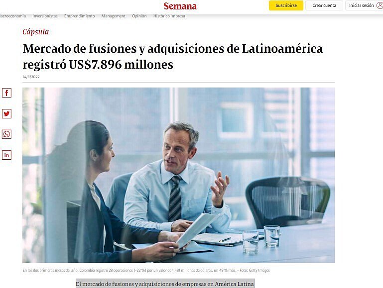 Mercado de fusiones y adquisiciones de Latinoamérica registró US$7.896 millones